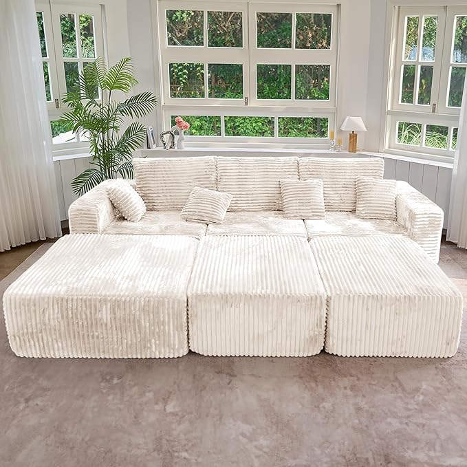 113 Modular Sectional Sofa Bed Convertible Cloud Couches for Living Room with Ottoman 6 Seater Corduroy Boneless Couch Sleeper Sofa Set No Assembly Required Beige 1 PCS