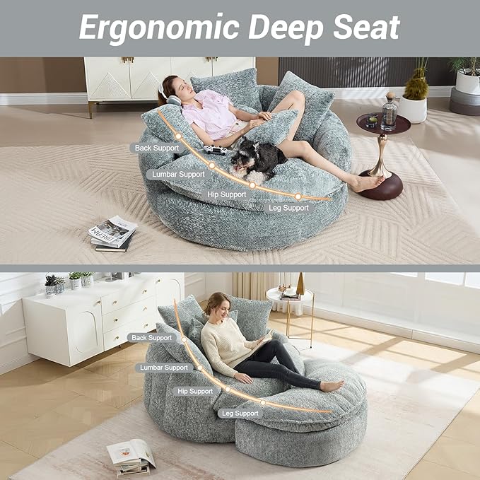54 Round Chaise Lounge with Ottoman Big Bean Bag Round Sofa Bed Oversized Round Couch Boneless Reading Chair Comfy Plush Chenille Large Chaise Chair for Living Room Apartment Blue Gray