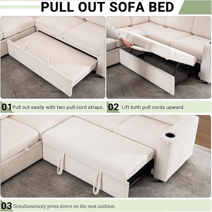83 Modular Sectional Sleeper Sofa with Pull Out Bed Plush Corduroy L-Shaped Corner Couch with Storage USB Charger Cup Holders 5-Seater Sectional Couches for Living RoomApartment White
