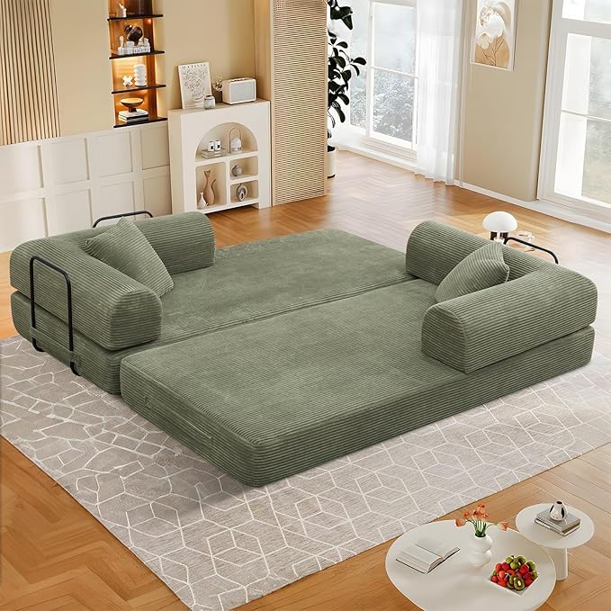 78 Convertible Sleeper Sofa Bed with Cylindrical Pillow Corduroy Folding Mattress Couch with Fixed Frame Floor Sofa Lounge Couch for Living Room Bedroom Apartment Light Green