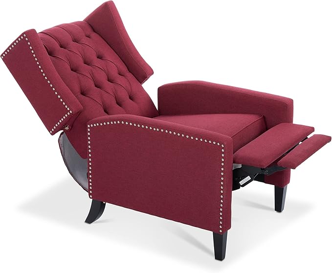 GDFStudio Upholstered Manual Wingback Recliner Chair Mid Century Modern Comfortable Chair Couches with Button Tufted Back &amp Footrest Lounge Armchair Accent Easy Couches for Living Room Wine Red