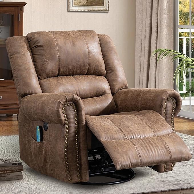 Manual Massage Recliner with Heating Function 360° Swivel Glider Rocking Recliner Chair for Living Room Ergonomic Single Sofa Chair with Remote Control/USB Ports/Side Pockets(Brown)