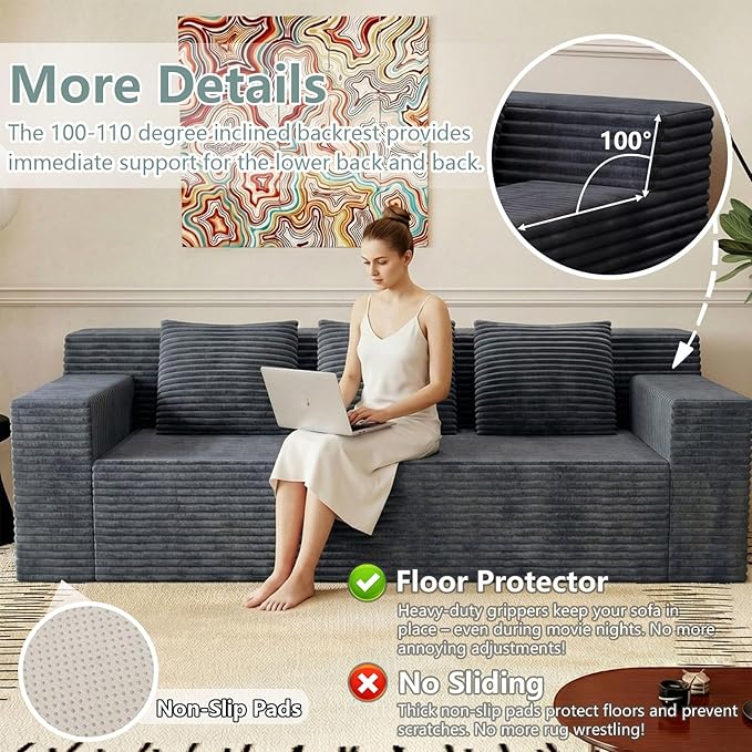 71 Cloud Loveseat SofaBoneless Deep Seat 2-Seater with 3 Pillows&ampSide PocketNo Assembly Foam Floor CouchPlush Corduroy Living Room Sofa for Small Space Apartment(Flat HandrailDark Grey)