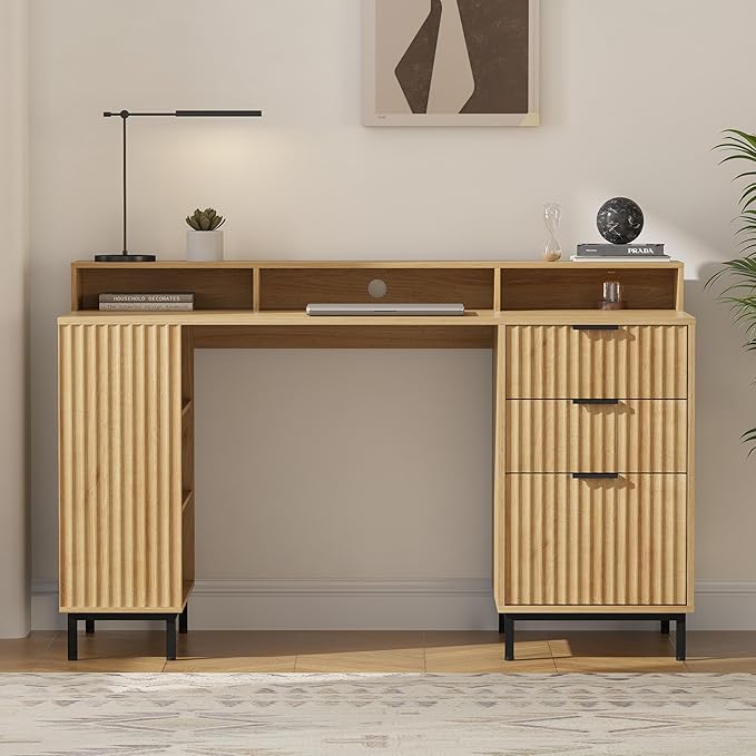 Fluted Executive Desk with Charging Station 55 Modern Wood Office Desk with Monitor Stand &amp File Drawer Home Writing Study Computer Table for Work Study Natural Oak