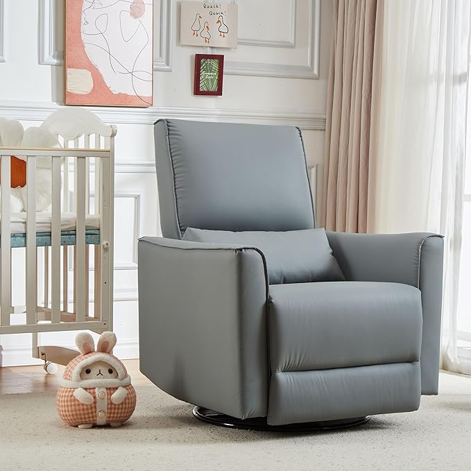 GAOMON Swivel Rocking Recliner Chair Manual Leather Recliner Glider with Lumbar Support &amp Padded Armrest Comfortable Rocker Nursery Single Sofa for Living Room and Bedroom (Gray)