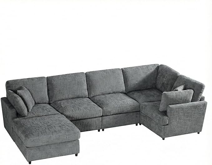 ERYE 122-Inch Modern Corner Modular Sectional Sofa Couches with Ottoman and 4 Toss Pillows Comfy Chenille Upholstered U-Shaped Sofa Convertible L-Shaped Symmetrical Couch