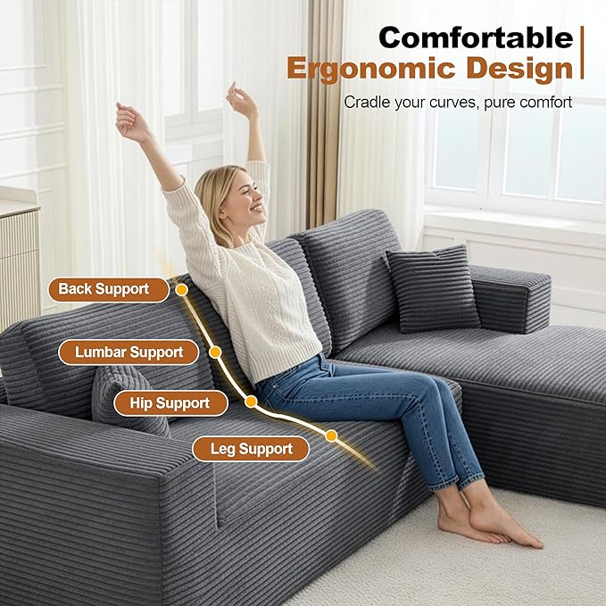 Modular Sectional Cloud Couch for Living RoomModern Boneless Couche Set with Plush CorduroyComfy Floor Sofa with Memory FoamStupendous U Shaped SofaNo Assembly RequiredGrey