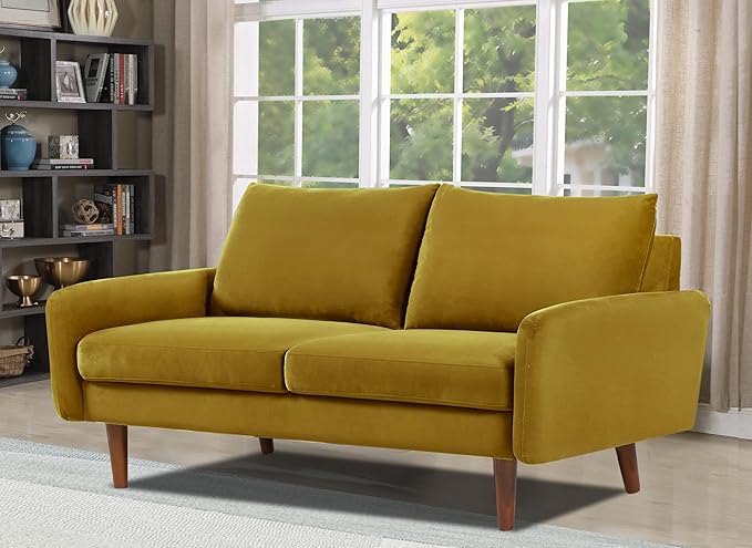 Kent Velvet Loveseat Sofa for Modern Living Rooms and Compact Spaces Comfy 2 Seater Couch Studio Apartment Furniture with Sleek Design Greenish Yellow
