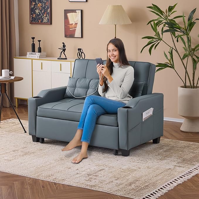 VINGLI Blue Grey Futon Sofa Bed Convertible Loveseat Sleeper Couch Faux Leather Pullout Sofa Fold Out Couch Bed with USB Ports Cup Holders Armrest for Living Room Bedroom Apartment Room