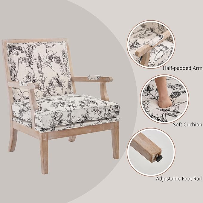 chairus Farmhouse Linen Accent Chair for Living Room Upholstered Reading Chair with Solid Wood Frame Lounge Arm Chair with High Back for Bedroom Reception Room Waiting Room Floral Pattern
