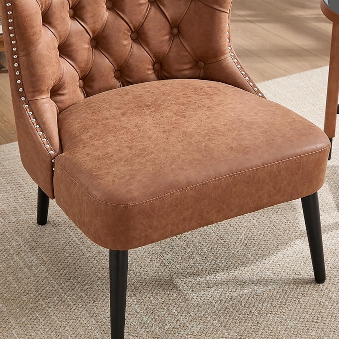 Kmax Accent Chairs Set of 2 Leather Slipper Chairs with Button Tufted Wingback Armless Living Room Chairs with Nails Modern Side Chairs for Bedroom Reception Small Space - Pu Brown Black Legs