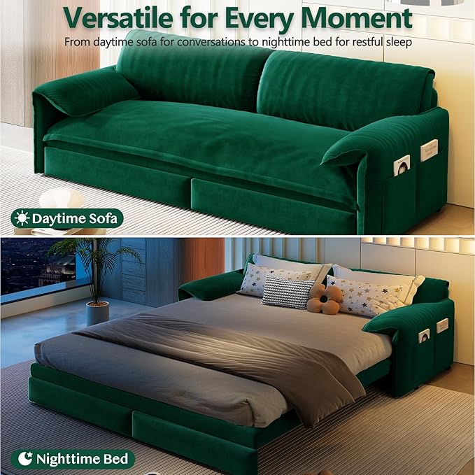 63.8 Futon Sofa Bed Queen Size Pull Out Bed 3-in-1 Convertible Sleeper Sofa with Side Pocket Modern Velvet Futon Couch for Living Room Small Space Apartment Bedroom Green