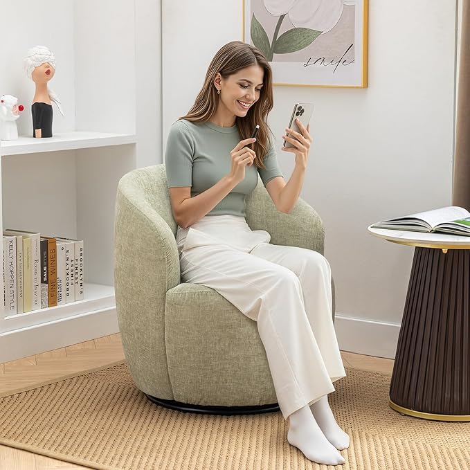 360 Degree Swivel Accent Chair Modern Barrel Vanity Chair with Back Comfy Single Circle Couch for Living Room Bedroom Reading Nook (Chenille Light Green)