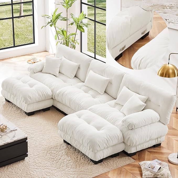KEIKI 133 Sectional Sofa with Removable Ottomans Cream 5 Seat U Shaped Sleeper Cloud Couch Set Comfy Chenille Upholstered Modular SofaBed for Apartment Living Room Throw Pillows White