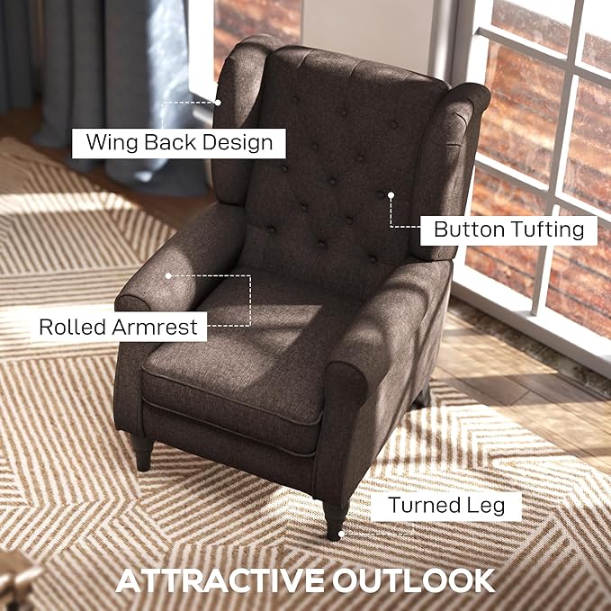HOMCOM Mid-Century Modern Accent Chair High Wingback Chair Button-Tufted Upholstered Fabric Armchair with Retro Wood Legs for Living Room Bedroom Dark Brown