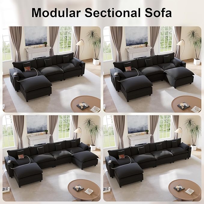 80.7 Modular Sectional Sofa L Shaped Cloud Couch with Movable Ottoman Chenille Deep Seat Cloud Sofa with Charging Station Cup Holder Side Pocket Sectional Couches for Living Room Black