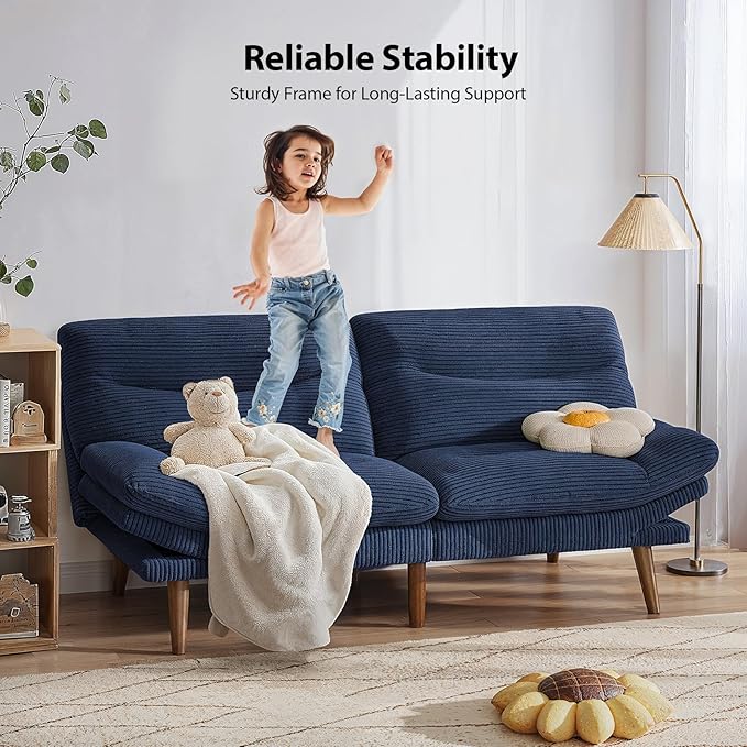 Pipishell Futon Sofa Bed 66 Inch Corduroy Futon Couch Convertible with Adjustable Backrest and Armrests Recliner Sleeper Sofa for Small Spaces Living Room Office Guest Room (Blue 66 Inch)