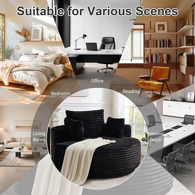 55 Oversized 360 Degree Swivel Chair Modern Round Chair Lounge Upholstered Corduroy Swivel Accent Chair with Deep Seat Comfy Fluffy Sleeper Sofa for Living Room Bedroom Apartment (Black)
