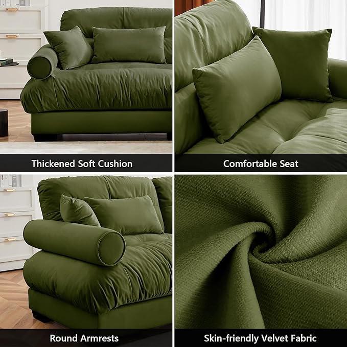 Oversized Modular Sectional Sofa 93.7 Inch L Shaped Couch Set for Living Room 2-Seater Comfy Velvet Cloud Couches with Movable Ottoman Round Bolster Armrest Olive Green