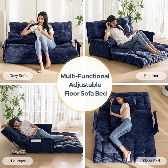 MAXYOYO Adjustable Floor Sofa Couch with 2 Pillows Multi-Functional Bean Bag Bed 5-Position Foldable Lazy Sofa Sleeper Bed with Armrest Versatile Floor Seating for Reading Navy Double