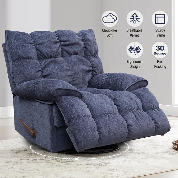 Dozzy Oversized Rocker Recliner ChairOverstuffed Rocking Chair with Breathable Velvety Fabric Soft Padded Headrest and Armrest Manual Recliner Extra Large Living Room Chair Up to 350 LBS (Blue)