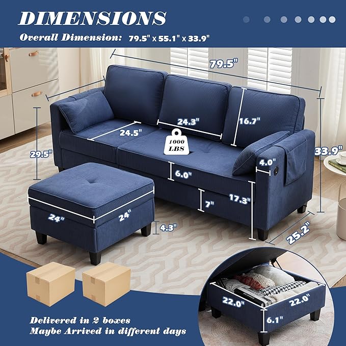 MAGIC UNION Convertible Sectional Couches for Living Room - Small Space Couches L-Shaped Sofa Upholstered 3 Seats Sofas W/Storage Chaise USB Ports Side Pockets and Pillows (Corduroy Fabric Blue)