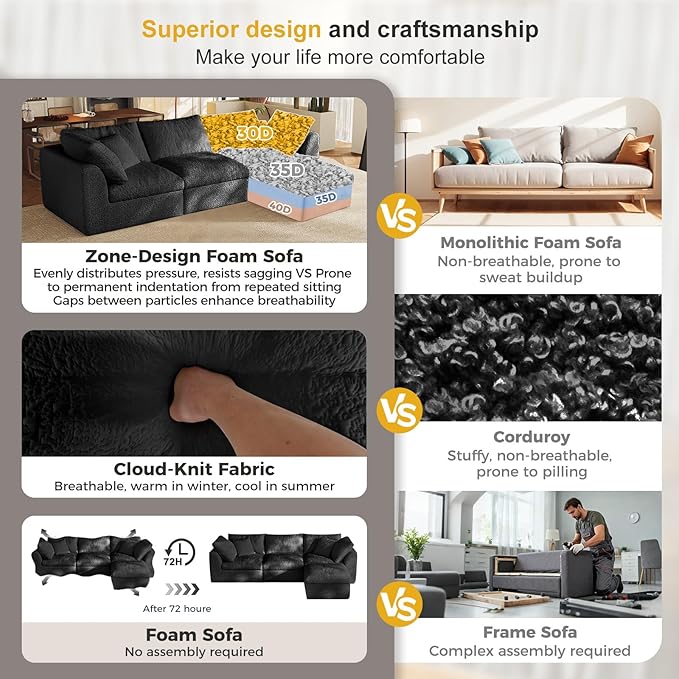Cloud Sectional Couches108 L-Shape Sofa Modular Sectional Sofa for Living Room Freely Configurable Deep Seating Non-Slip Bottom No Assembly Required(Black 3 Seater+1 Ottoman)