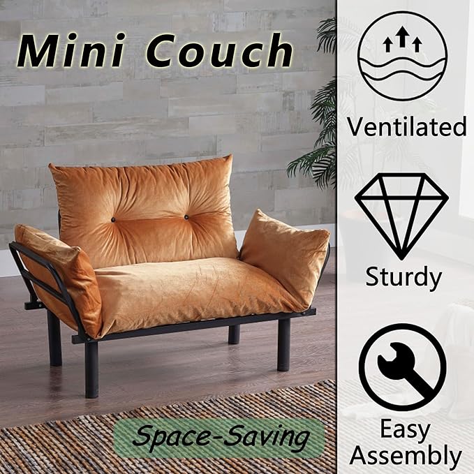 49 Mini Couch with Mattress Included Small Loveseat Sofa Chair for Small Space Oversized Accent Chair and a Half Metal Frame (Mustard)