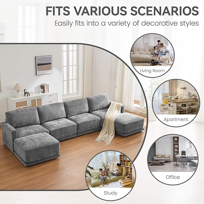143.8 Modular Sectional Sofa with 2 Ottomans Upholstered U Shaped Sectional Couch with Thick Cushions Oversized Chenille Comfy 6 Seater Sofas for Living Room Easy Assembly Grey