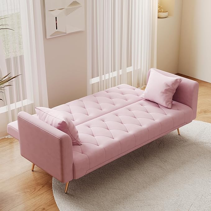 Anwick 72 Modern Velvet Sofa Bed FutonConvertible Folding Sleeper Bed Couches with 3 Adjustable BackrestsTufted Recliner Loveseat with Golden Chrome Legs for Small Living Room Office (Light Pink)