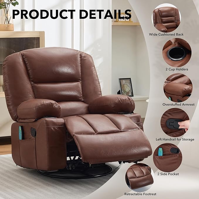 Rocker Recliner Chair with Heat and MassageNursery Recliner 360° Swivel Oversized Chairs for AdultsPU Leathe Lazy Boy Single Sofa Seat with 3 Positions Side PocketsCup Holders for Living Room