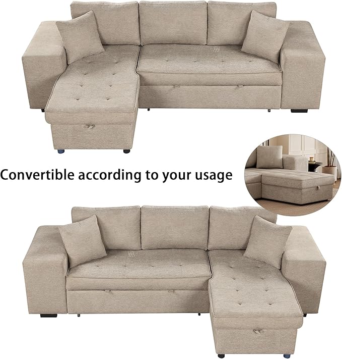 Ball &amp Cast 104 L-Shape Sectional Sofa with Storage Chaise and 2 StoolsPull-Out Bed3-Seat Chenille Reversible Couch w/Storage Armrestfor Living RoomApartmentCream