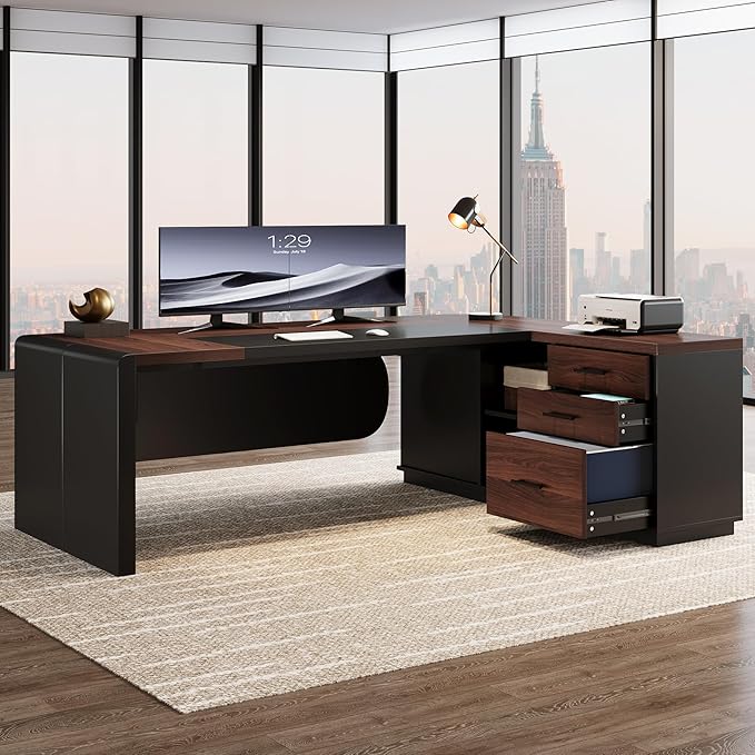 Tribesigns 81'' L-Shaped Executive Desk Large Modern Office Desk with Drawers and File Cabinet for Home or Business Workspace Computer Desk with Storage Shelves Walnut &amp Black
