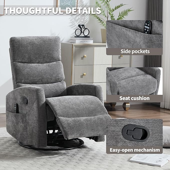 Swivel Recliner with Heat and Massage Rocker Recliner Chair for Living RoomGlider Recliner Nursery Chair with Black Metal Base/Adjustable Backrest and Footrest (Fabric Grey2)