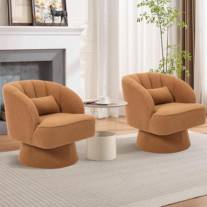 GarveeHome Modern Swivel Barrel Accent Chair 360° Teddy Fabric Upholstered Armchair with Striped Backrest &amp Plush Padding Comfy Round Lounge Chair for Living Room Bedroom Reading Nook Brown