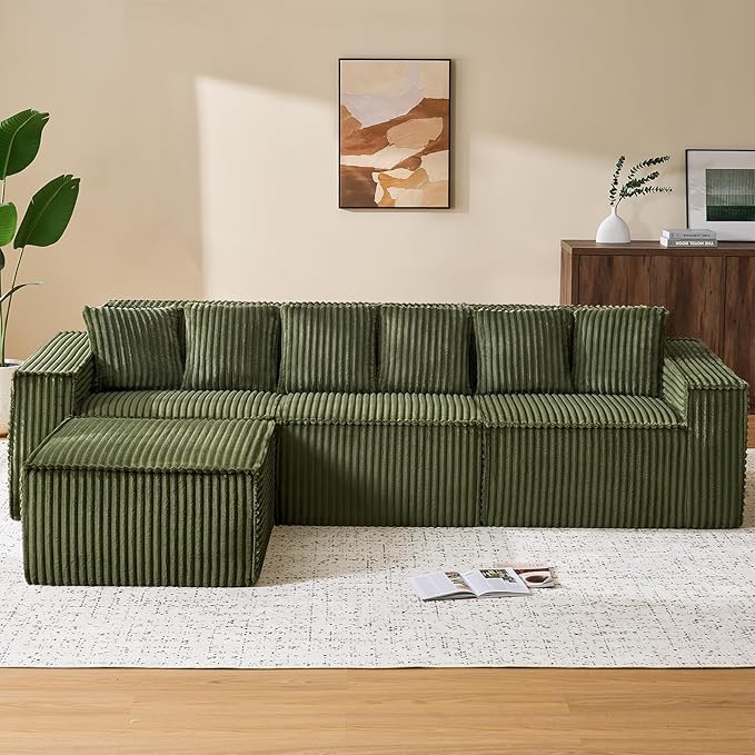 ONBRILL 112.6 Modular Sectional Sofa Comfy Corduroy Boneless Couch with Ottoman Memory Foam Modern Minimalist Cloud L Shaped Couch for Living Room No Assembly Required Green