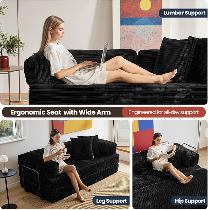 4-in-1 Folding Convertible Sofa Bed 81 Boneless Couch with Pillow Back Support Armrest Corduroy Loveseat Sleeper Compression Couch Floor Sofas Futon for Living RoomBlack