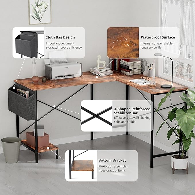 L Shaped Desk Gaming Computer 50 Inch Reversible Corner Table PC Work Table for Writing Study Student with Wood Tabletop Metal Frame CPU Stand Side Bag for Home Office Small Place