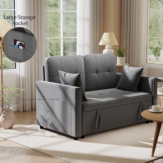 Pull Out Sofa Bed: 56 Grey 3 in 1 Convertible Sleeper Sofa Bed Velvet Loveseat Sleeper Couch with Storage Comfy Futon Couch Beds for Living Room | Velvet