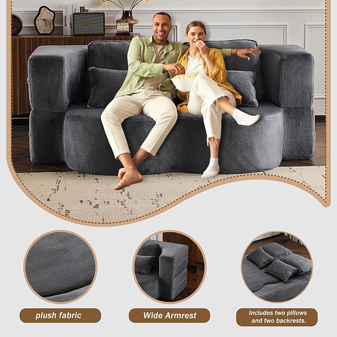 78 Plush Fabric Folding Floor Sofa Couch BedConvertible Folding Sofa Bed Full Size Love Seat Sleeper Bed with 4 Pillows for Living Room Apartment Office (Plush Fabric+Gray)