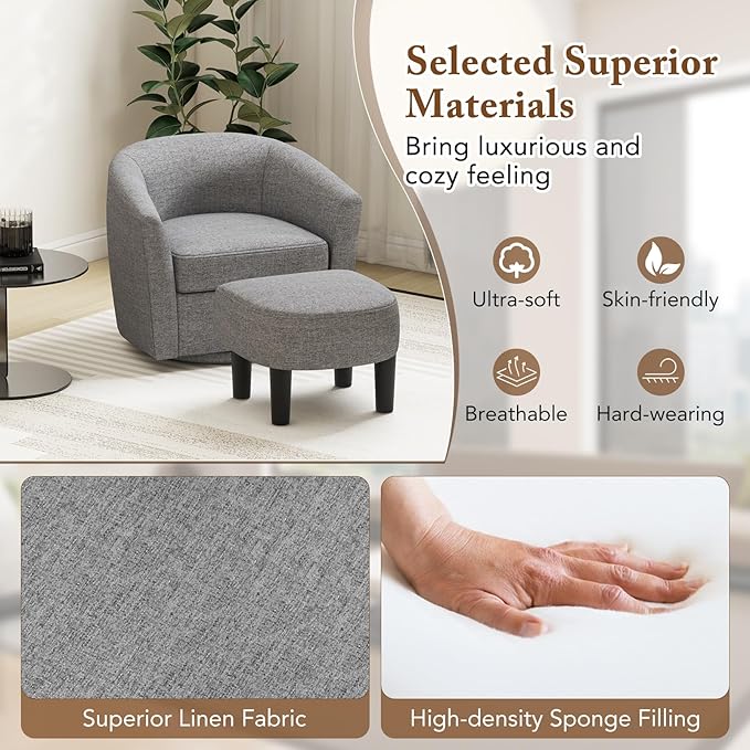 GOFLAME Swivel Barrel Chair with Ottoman Modern Linen Fabric Accent Chair with Footrest Curved Backrest Removable Seat Cushion Upholstered Club Tub Sofa Chair for Bedroom Living Room Grey