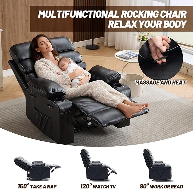 Recliner Chair Modern Ergonomic Lounge Single SofaPU Leather Rocker Recliner Chairs with Massage and Heat &amp Adjustable Backrest and Footrest for AdultNurseryBlack