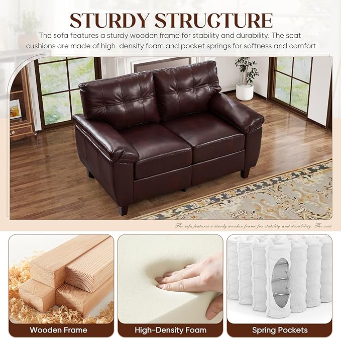 59W Faux Leather Sofa Loveseat Couch with Hidden Storage &amp Tufted Backrest Upholstered Mid Century Modern Couch Deep Seat Comfy Chesterfield Sofa for Livingroom Bedroom Office(2 Seater Burgu
