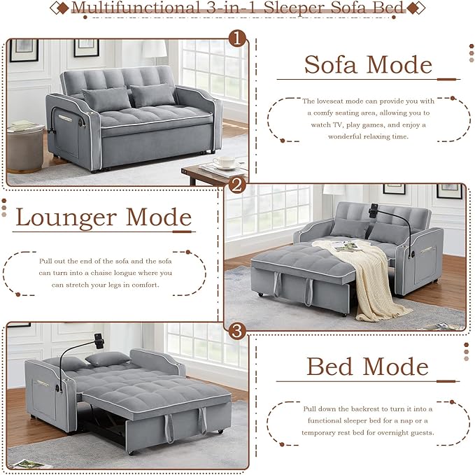 Pull Out Sofa Bed with Phone Holder Convertible Velvet Loveseat Sleeper with 2 USB Charging Ports Modern Futon Couch with Cup Holders and Adjustable Backrest Love Seat for Living Room Light Grey