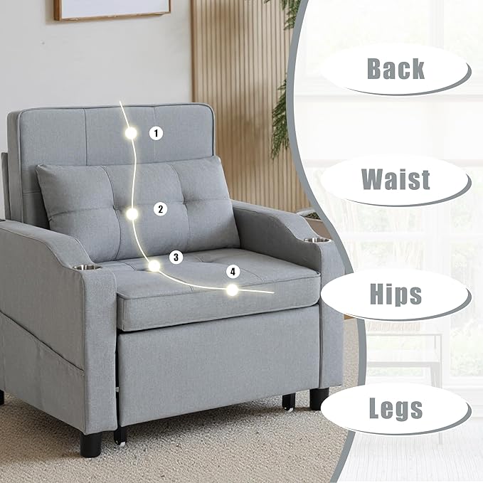 Sleeper Chair 5-in-1 Convertible Chair Bed Pull Out Adjustable Single Armchair Sofa Bed with USB PortsSide PocketCup Holder (Grey)
