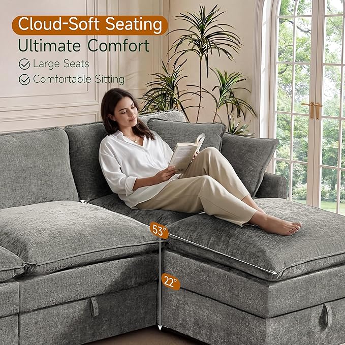 Modular Sofa with Storage 135 U Shape Sectional Cloud Couch Comfy Fabric Couch with Movable Ottoman 6 Seat Modern Deep Seat Sofa for Living Room (Grey Chenille)