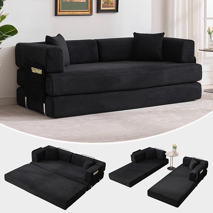 Convertible Sleeper Sofa Bed 78.8 Floor Sofa Bed 5-in-1 Folding Mattress Couch Loveseat with Fixed-Shape Frame Pillow Corduroy Fabric for Living Room Bedroom Lounge Black