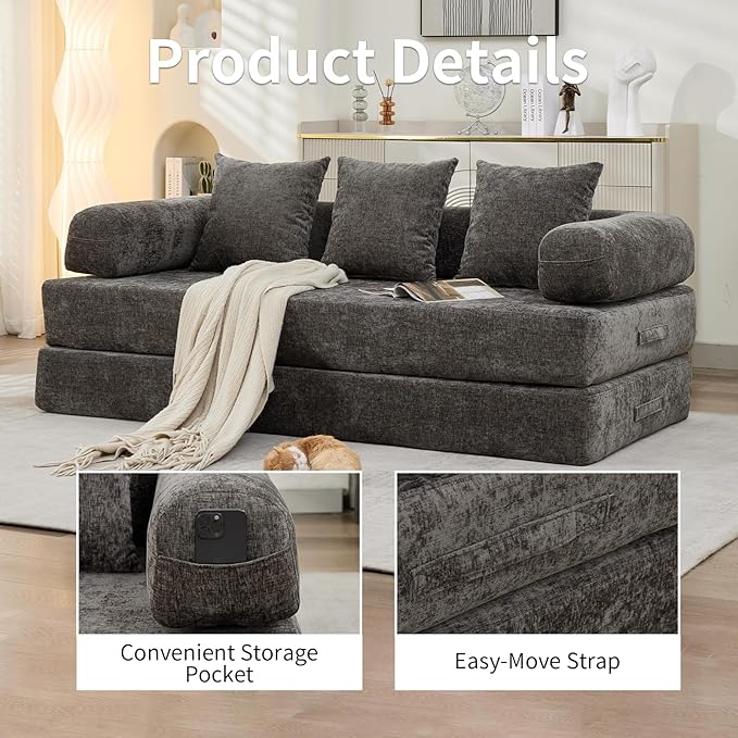 Convertible Sofa Bed 4-in-1 Floor Foldable Couch Bed with Armrests &amp Pillow Chenille Fabric No Assembly Required Comfy Memory Foam Couch Lounge Sofa for Living Room Grey