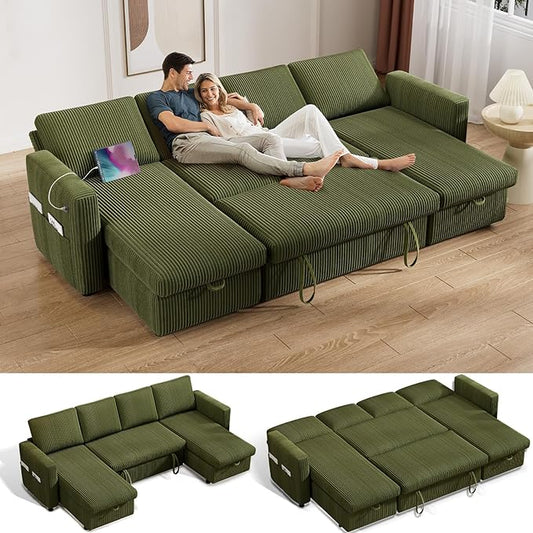 Vipbear 104 Sectional Sleeper Sofa Bed with Pull Out Bed U Shaped Couch Pull Out Couch with Reclining Backrest Reversible Storage Chaise USB Ports Tool-Free Assembly Corduroy Green
