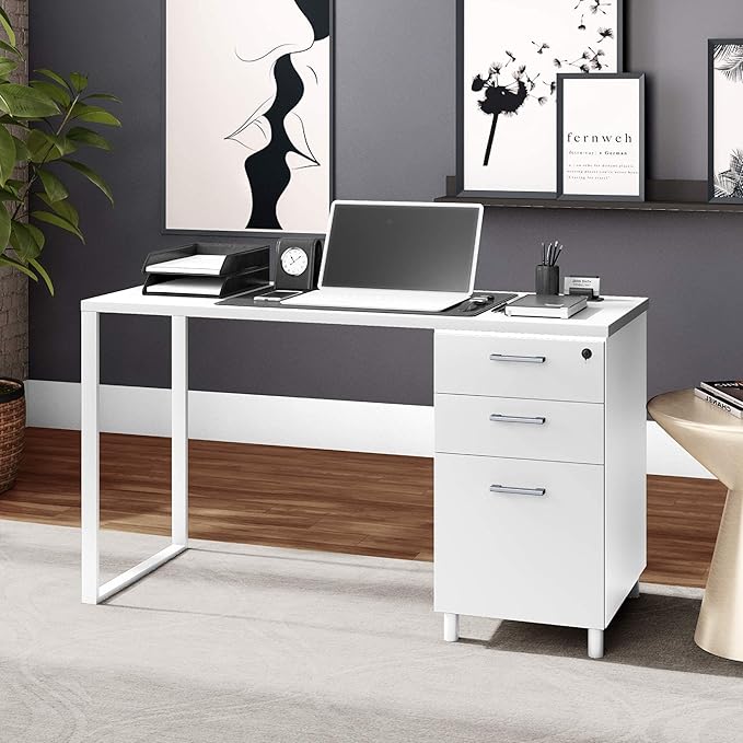 Modern Design Milano Office Desk with 3 Locking Drawers 48 Inch White Industrial Wood Desk with Filing Drawer and Storage by Crafts and Comfort